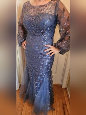 Embroidered Slate Blue Long-Sleeve Formal Dress